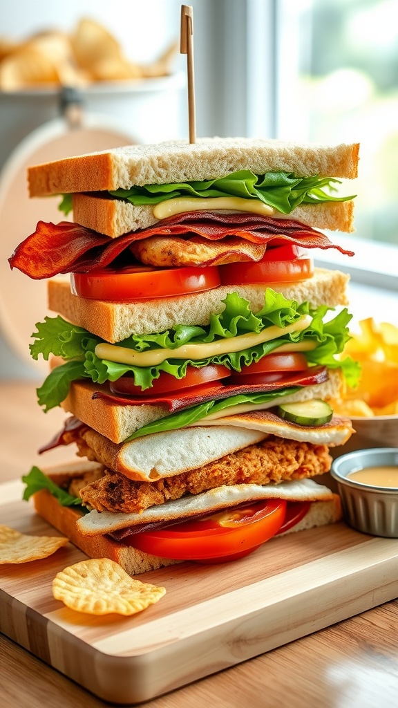 A tall club sandwich layered with bacon, lettuce, tomatoes, and chicken on a wooden board with chips.